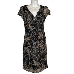 VTG CDC Petite Black Leaf Print Split Flutter Sleeve Midi Dress Women's Size 4